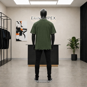 EKIN IMPEX Men's Oversized <b>Skull</b> Print T-Shirt Punk Style Short Sleeve Casual Shirt Green Distressed Hem Studs Front Logo - Product Image 4