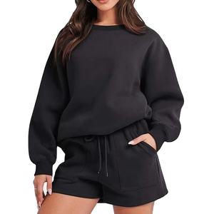 Conjunto de salón de manga larga con logotipo personalizado para mujer, conjunto deportivo de 2 piezas con cordón de gran tamaño, chándal de algodón 100% con Tops cortos 2026 HI - Product Image 4