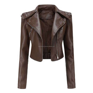 Chaqueta de cuero de motorista con dobladillo desmontable marrón para mujer, abrigo ajustado de manga larga con cierre de cremallera, elegante cuello de solapa transpirable - Product Image 3