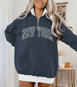 Sudadera de Algodón de Alta Calidad para Mujer, Oversize, Casual, Bicolor, con Media Cremallera, Cuello Redondo, Transpirable, Diseño Personalizado con Lentejuelas y Emblema - Product Image 1