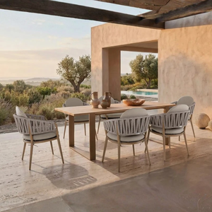 Conjunto de Comedor para Exteriores Mediterráneo, Sillas de Cuerda con Cojines de Espuma, Mesa de Madera para Jardín o Patio - Product Image 1