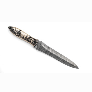 Cuchillo de Caza de Hoja Fija de Acero de Damasco OEM Personalizado, Diseño Vikingo, Punta de Lanza con Grabado Láser, 20cm, Mango de Hueso de Camello MB-LSC-2601 - Product Image 6