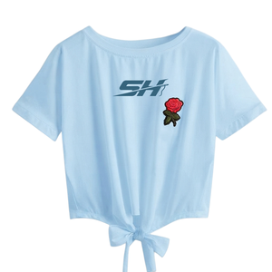 T-shirt court respirant pour femme, col rond décontracté, manches courtes en coton, tendance et élégant, imprimé uni - Product Image 1