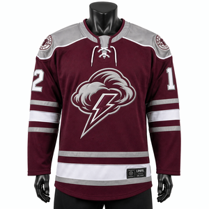 Ice Hockey Jersey Black Cherry & Chrome <b>Silver</b> Pro Weight Air Knit Polyester Lace Up Hockey Jersey Breathable Team Uniform - Product Image 1