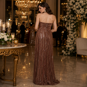 Vestido de Noche Elegante sin Tirantes con Lentejuelas en Oro Rosa para Mujer |   Elegante Vestido Largo Formal con Cuello Tubo |   Ropa de Fiesta para Invitados de Boda - Product Image 4