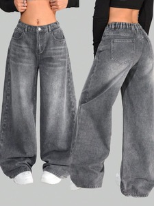 Vaqueros de mezclilla vintage de corte ancho, lavado oscuro, tiro medio, ajuste holgado, largo completo, casuales, para verano/invierno, para mujer, poliéster/algodón - Product Image 1