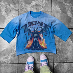 Custom Men's Loose Vintage Oversized Crop T-<b>Shirts</b> with 3D <b>Patchwork</b> 100% Cotton 300 Grams Knitted Fabric DTG Print Stand Collar - Product Image 4