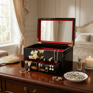 Black Lacquer Jewelry <b>Box</b>, Floral & Butterfly Jewelry Organizer with Mirror, Wooden <b>Keepsake</b> <b>Box</b> Gift for Business - Product Image 2