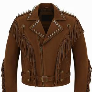 Fazmax Corporation <b>Men's</b> Brown <b>Suede</b> Motorcycle <b>Jacket</b> Fringes Rivets Belted Zipper Closure Turn-down Collar Windproof - Product Image 5