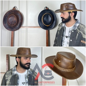 Chapeau de cowboy en cuir pleine fleur véritable, personnalisé, style western, avec bande tressée en cuir véritable, pour unisexe, achat en gros - Product Image 1