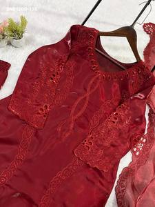 Último Diseño de Moda: Conjunto de Plazzo-Kurta-Dupatta Rojo con Bordado de Lentejuelas y Trabajo Calado, Listo para Usar, Exportador de Moda Femenina - Product Image 6
