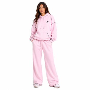 Ensemble sweat à capuche et pantalon large pour femme, avec passepoil contrastant, style décontracté streetwear, deux pièces, vente en gros - Product Image 1