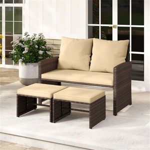 Conjunto de Muebles de Patio para Exteriores con Sofá de Dos Plazas de Ratán PE y 2 Otomanas con Cojines Extraíbles en Estructura Metálica - Product Image 1
