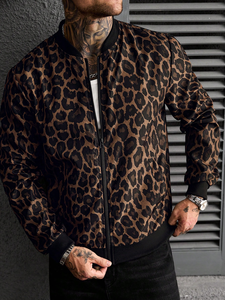 <b>Men</b> Leopard Print Bomber Jacket Brown Animal Print Zip Up Fashion Jacket Streetwear Cheetah Pattern Bomber Wholesale - Product Image 3
