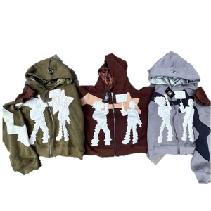 Chaqueta con cremallera de fabricante personalizado, con bordado desgastado y pedrería, lavado ácido, 500GSM, unisex, de forro polar, estilo streetwear, 100% algodón - Product Image 3