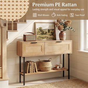 Consolle in Rattan Naturale con Ripiani Aperti e Armadietti, Telaio Robusto in Acciaio al Carbonio da 40 Pollici per Ingresso o Soggiorno - Product Image 6