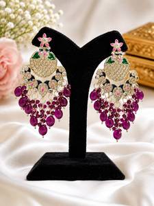 Indian Traditional Meenakari Peacock <b>Earrings</b> <b>Gold</b> Plated Kundan Statement Chandelier <b>Dangle</b> <b>Earrings</b> with Blue Crystal Beads - Product Image 2