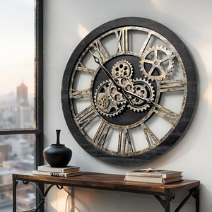 Horloge murale ronde vintage en bois d'orme industriel avec engrenages, art steampunk en cuivre et fer forgé par Aqudus Saleem 60x60x6 cm - Product Image 4