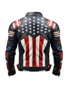 เสื้อแจ็คเก็ตหนังสไตล์คาเฟ่เรเซอร์ลายธงชาติอเมริกาสำหรับผู้ชาย - Product Image 2