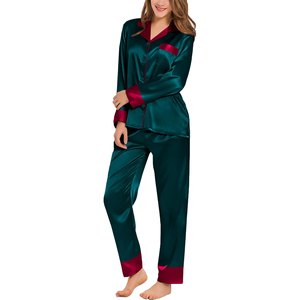 Women's Green Satin Pajama Set <b>Long</b> <b>Sleeve</b> Full Length Button Front Elegant Sleepwear Turn-down Collar 100% Polyester - Product Image 4