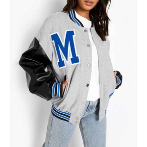 Chaqueta Varsity Gris con Mangas de Cuero PU, Cuello Camisero, Cierre de Cremallera, Ropa Casual de Otoño, Unisex - Product Image 1