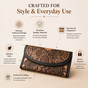 Handcrafted Genuine Leather Embossed Wallet for Women Vintage Floral Clutch <b>Purse</b> <b>Long</b> Bifold Wallet Card Holder Organizer Brown - Product Image 5