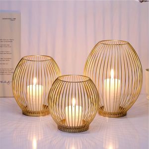 Portavelas Moderno de Alambre Metálico, Portavelas Geométrico Dorado, Centro de Mesa para Decoración de Mesa de Boda o Hogar - Product Image 1