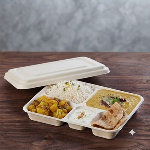Plateau alimentaire blanc anti-fuite 5CP en bagasse de canne à sucre avec couvercle, biodégradable et compostable, respectueux de l'environnement, fabriqué à partir de fibres de pulpe de canne à sucre - Product Image 1