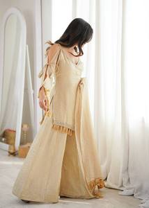 Beige Indian Pakistani Set Embroidered Tassel Top Wide Leg Pants <b>Shawl</b> <b>Wedding</b> Festival Wear - Product Image 2