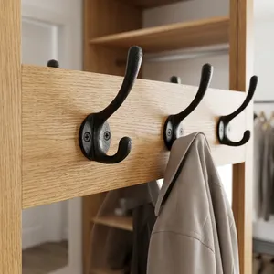 Minimalist Wooden Wall Mounted <b>Coat</b> <b>Rack</b> with 6 Black Cast Iron Hooks Eco-Friendly Space Saving Design - Product Image 2
