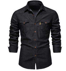 <b>Men's</b> Slim Fit Denim Shirt Long Sleeve Solid Color Cotton Casual Turn-down Collar With Pockets Stonewash Finish - Product Image 6