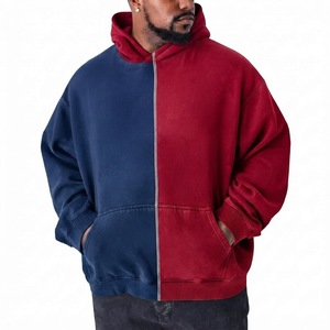 Men's Color Blocking Hooded Fleece Sweatshirt Oversized Fit Casual Long Sleeve Autumn Wear <b>Red</b> And Blue Two <b>Tone</b> Design - Product Image 1