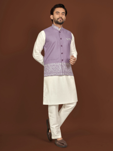 <b>Men's</b> <b>White</b> Cotton Smooth Shiny Silk Kurta Purple Embroidered <b>Vest</b> Traditional Indian Wedding Party Diwali Attire Knee-Length - Product Image 2