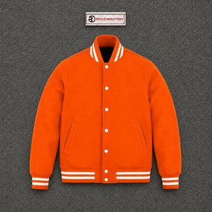 Chaqueta universitaria premium de lana naranja para hombre, chaqueta de béisbol personalizada con letras, con cuello, puños y dobladillo acanalados con rayas blancas. - Product Image 5