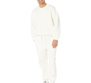 Survêtement en coton blanc pour homme, col rond, manches longues, couleur unie, sweat-shirt décontracté avec pantalon à cordon de serrage, poches latérales, vêtements d'automne - Product Image 1