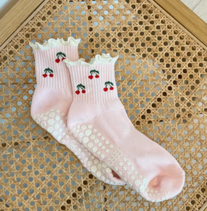 Chaussettes antidérapantes avec logo personnalisé, motif cerise, mélange de coton, chaussettes épaisses en tissu éponge pour le yoga, le pilates et les sports, pour femmes et filles - Product Image 2