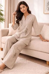 Ensemble pyjama long en coton ample pour femme, brodé de fleurs, longueur cheville, tenue ethnique décontractée pour la prière et le quotidien - Product Image 2