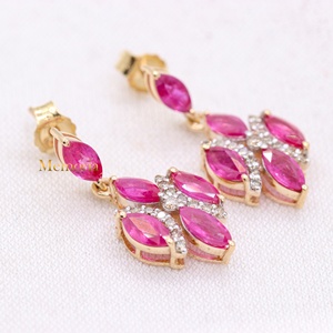 Handmade Women's Geometric Drop <b>Dangle</b> <b>Earrings</b> 14k Solid Yellow Gold Natural Ruby <b>Diamond</b> Gemstone Classic Engagement Wedding - Product Image 5