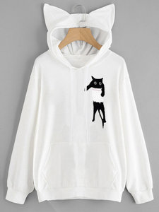 Sweat-shirt décontracté en coton noir pour femme, avec oreilles de chat, imprimé dessin animé, poche avant, vente en gros, best-seller, personnalisable, hiver uni - Product Image 2