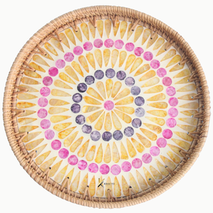 Bandeja Redonda de Madera con Incrustaciones de Madreperla y Mimbre, Diseño Elegante, Personalizable OEM/ODM, Decoración Duradera para el Hogar, Regalo de Inauguración - Product Image 1