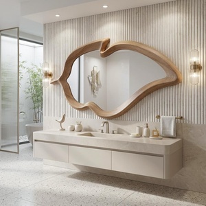 Handcrafted <b>Leaf</b> Shape Natural Wooden <b>Wall</b> Mirror Aesthetic Organic Frame Modern Irregular Carved Wood Mirror For Living Room - Product Image 4
