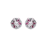 Natürliche Birnen-Rubin-Ohrstecker aus 14-karätigem Weißgold mit Blumenmotiv |   Diamant-Cluster Vintage Feiner Schmuck Geschenk für Frauen
