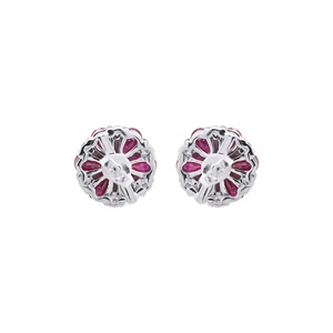Boucles d'oreilles florales en or blanc 14 carats avec rubis naturel en forme de poire |   Bijoux fins vintage en forme de grappe de diamants, cadeau pour femmes - Product Image 5
