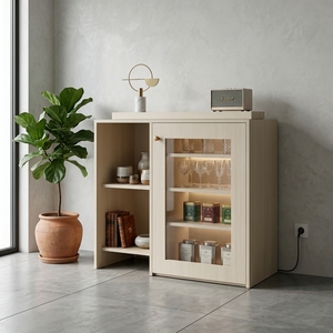 Meuble Bar Moderne en Bois de Chêne Naturel avec Portes en Verre Cannelé, Étagères Ouvertes, Console de Rangement, Buffet pour Salon, Meuble de Maison - Product Image 4