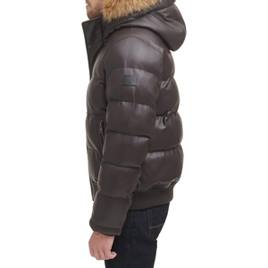 Blouson matelassé effet cuir pour homme, manteau d'hiver chaud à capuche avec garniture en fourrure, fermeture éclair frontale, veste décontractée et tendance pour l'extérieur, vente en gros OEM - Product Image 2