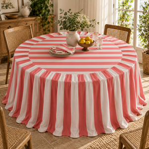 Nappe de table vintage de luxe faite à la main, imprimée, rayée rose et beige, à volants, style bohème, en pur lin, écologique, pour mariage et maison - Product Image 1