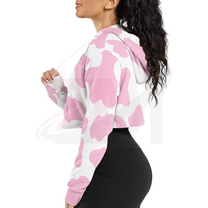 New Arrivals Pink <b>Cow</b> <b>Print</b> Cropped <b>Hoodie</b> For Women's Y2K Style Soft Breathable Fabric Oversized Casual Streetwear Pullover - Product Image 2