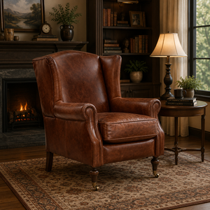 Brown Genuine Leather Traditional Chesterfield Lounge <b>Wing</b> <b>Chair</b> with Tufted Back Rolled <b>Arms</b> Solid Wood Legs for Living Room - Product Image 1