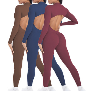 Mono deportivo cálido de manga larga para mujer, enterizo elástico de yoga de una pieza con pantalones acampanados, conjuntos informales - Product Image 1
