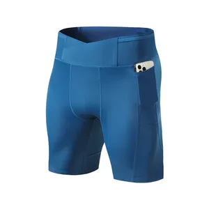 Shorts de compression mi-taille pour hommes, bleus, en Spandex et Polyester, à séchage rapide, avec poches, pour le sport, la course, la gym et le fitness - Product Image 1